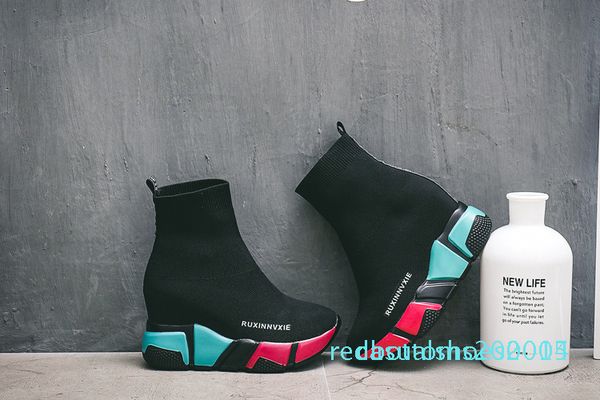

носок boots женщина спрячет клин платформы женский повседневная обувь 2019 осень новый клин lady вязание короткие ботильоны платформа с14, Black