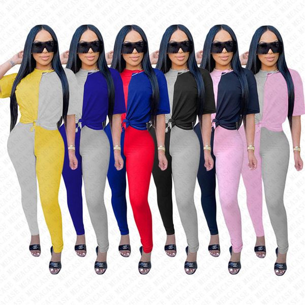 

women tracksuit patchwork color block short sleeve t shirt pants leggings 2piece clothes set outfits designer casual sports suit d72303, White