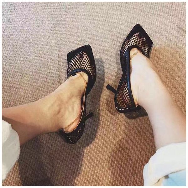 

fashion brand women pumps hollow mesh summer sandal high heels woman party shoes square toe ladies dress shoes, Black