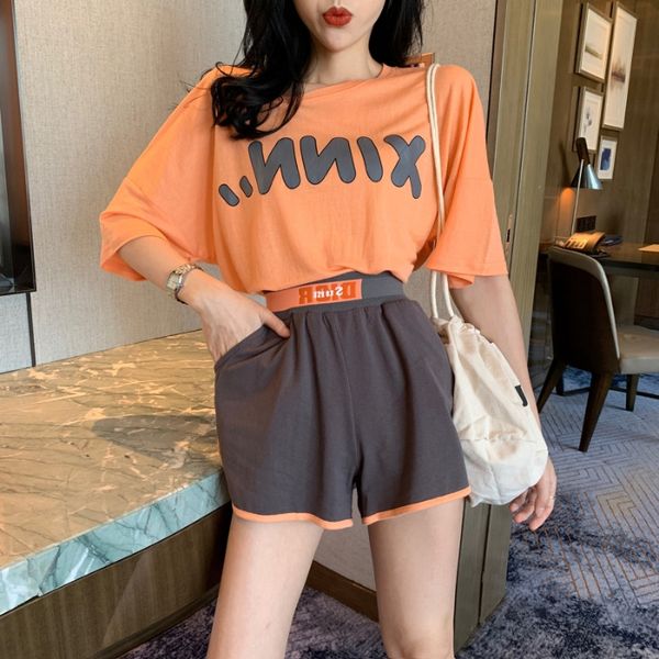 

2020 summer loose sports suit women's casual two-piece sports suit short sleeve 346 shorts and shorts, Gray