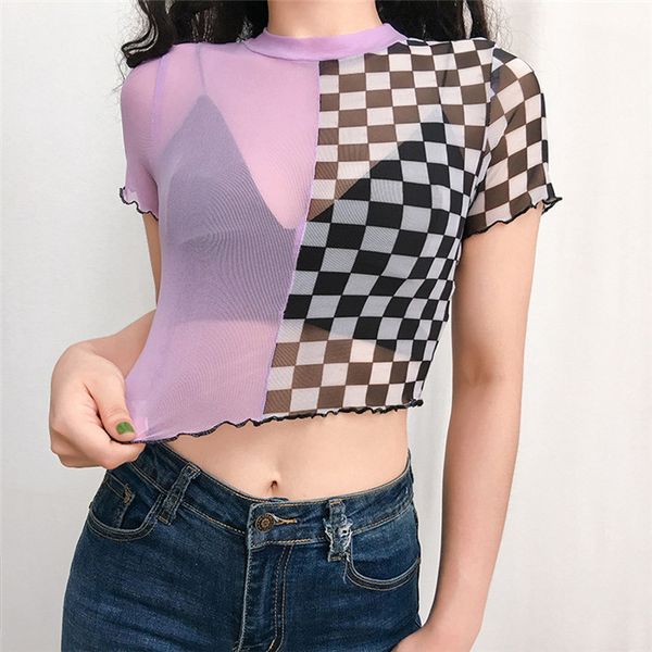 

womens checkerboard patckwork tshirts woman summer mesh see through short tees women slim high fashion contrast color, White