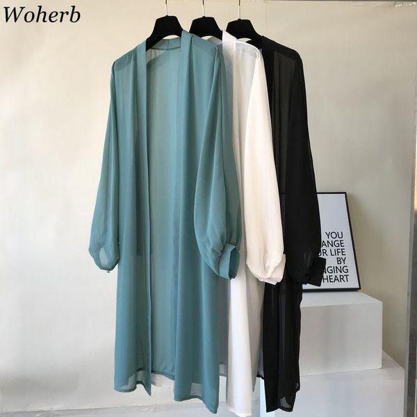 

woherb 2020 фонарь рукав длинных блузы кимоно кардиган holiday beach outwear лето женщины топы плюс размер одежды корейских рубашка, White