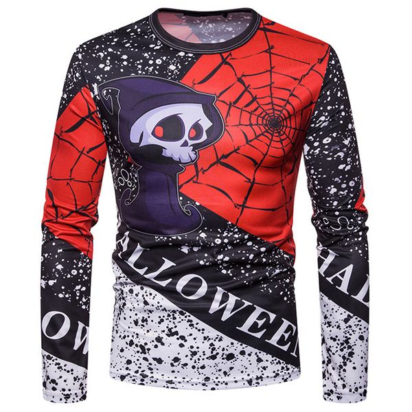

mens halloween skull patchwork tshirts man autumn o-neck long sleeve pullover slim tees men high fashion casual, White;black