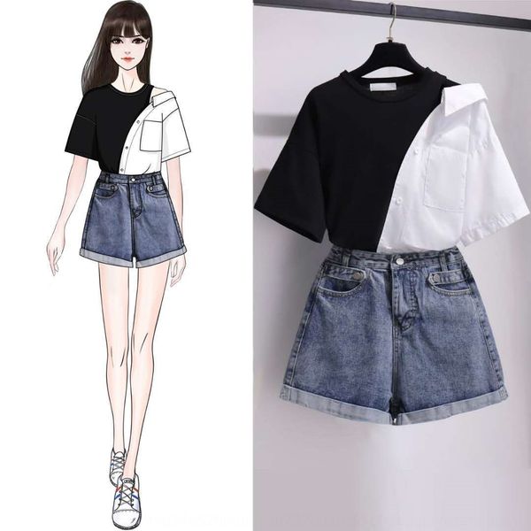 

6dikp black and white contrast color shirt with personalized shoulder bag t-shirt short sleeve denim shorts pants suit shortsshortss, Gray