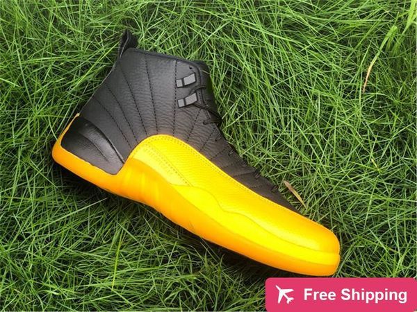 

new 2020 authentic 12 university gold black yellow man basketball shoes real carbon fiber mens trainers 12s trainers sneakeres with bo