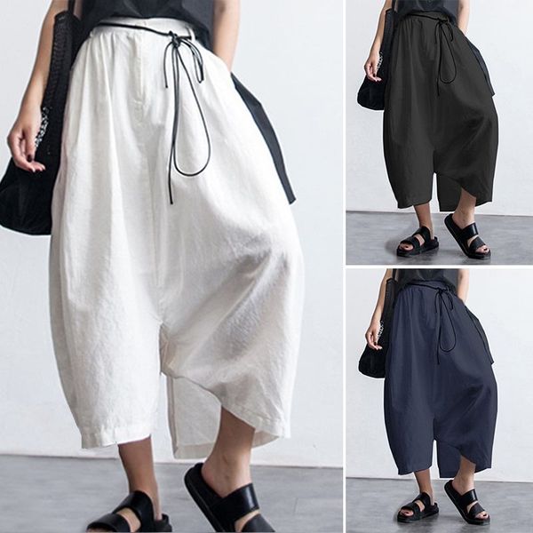 

fashion loose pants for women vonda high waist cotton linen palazzo casual loose trousers vintage pantalon femme plus size, Black;white