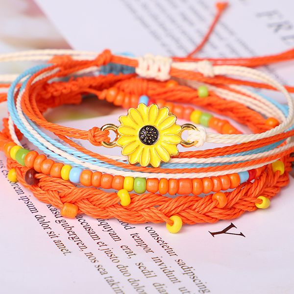 

selling europe ornament alloy drops sunfar you daisy bracelet hand-woven waterproof waxed beads creative girls bracelet set, Golden;silver