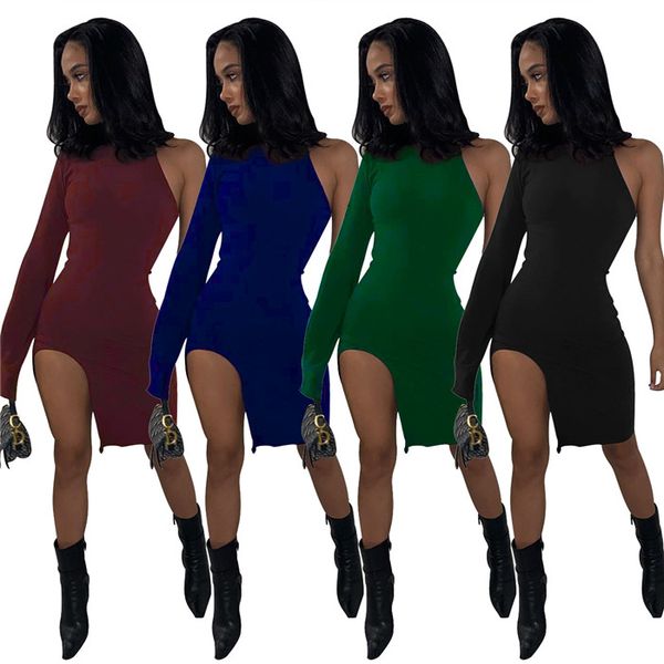 

одно плечо платье женщин сплошной цвет с длинным рукавом split bodycon платья high street женщины сексуальные мини платья, Black;gray