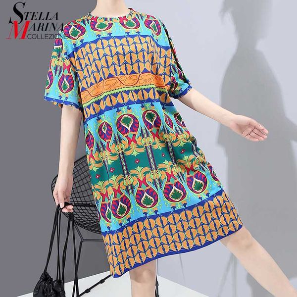 

new 2020 women summer short sleeve midi dress geometrical pattern printed ladies plus size boho cute dress loose robe style 6005, Black;gray