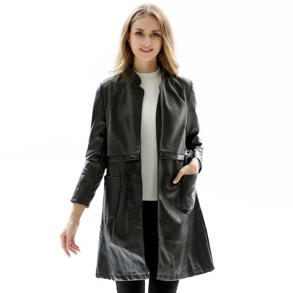 

autumn plus size pu coat and jacket women slim classic stand collar ladies black pockets long jackets moto biker style outwear