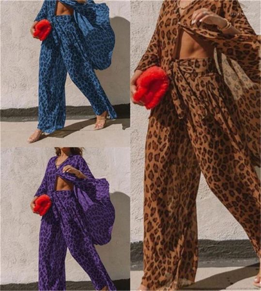 

casual loose wide leg two piece sets 20ss women designer clothing fashion women leopard chiffon set, White
