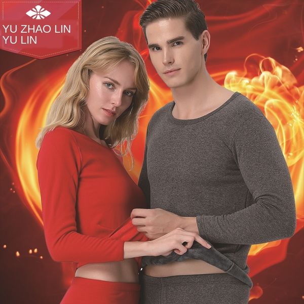 

6mtls yu zhaolin couple fleece thermal underwear thermal underwear men's fleece thickened suit women's round neck close-fitting co, Black;white