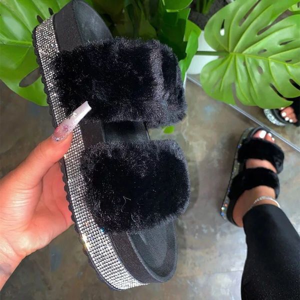 

women summer new fur sandals slippers flat slides home furry flat sandals female cute fluffy house shoes luxury 2020, Black