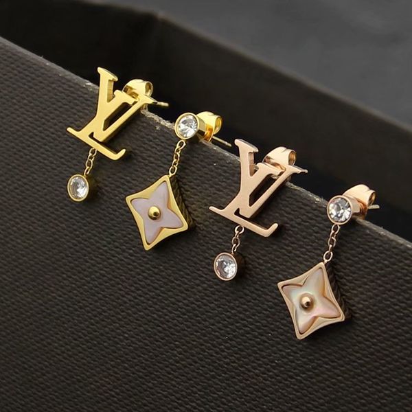 

2020 lady titanium steel tassels single diamond pink agate four leaf flower and v letter 18k gold plated dangle earrings 3 color, Silver