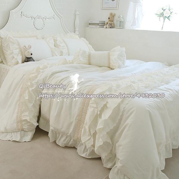

europe and the united states princess solid color 100% cotton bedding 100% cotton 4-piece set ruffled white bed skirt