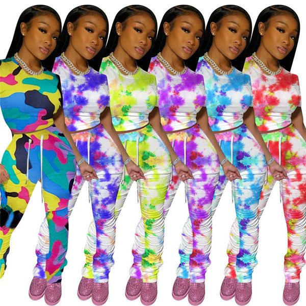 

women tracksuit camouflage color tie dye pullover t-shirt crop ruched pants outfit short tshirt camo color pleated trousers suit d8408, White