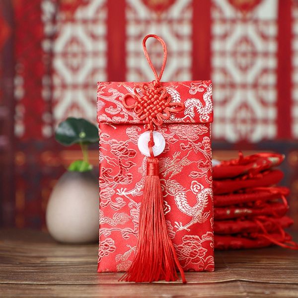 

chinese style red envelope lucky money bag vertical type cloth art high-grade brocade new year wedding tassel knot bag ^