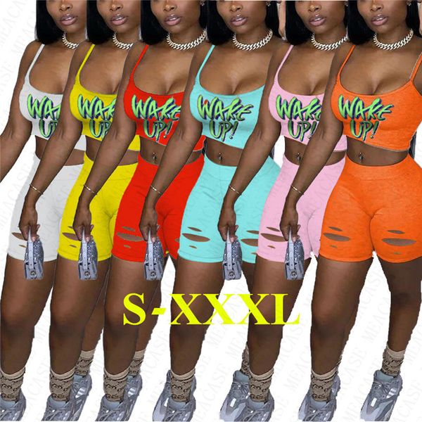 

designer women tracksuit shorts outfits wake up letters sportswear sleeveless vest crop + ripple hole shorts pants 2 piece sets d71405, White