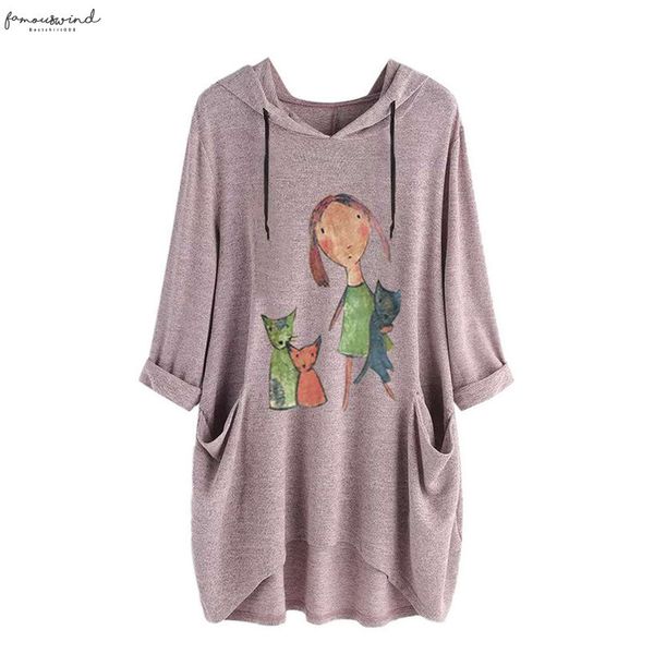 

autumn winter tunic tassel shirt women casual print cat ear hooded blouse long sleeves pocket irregular new femme 2020 t2, White