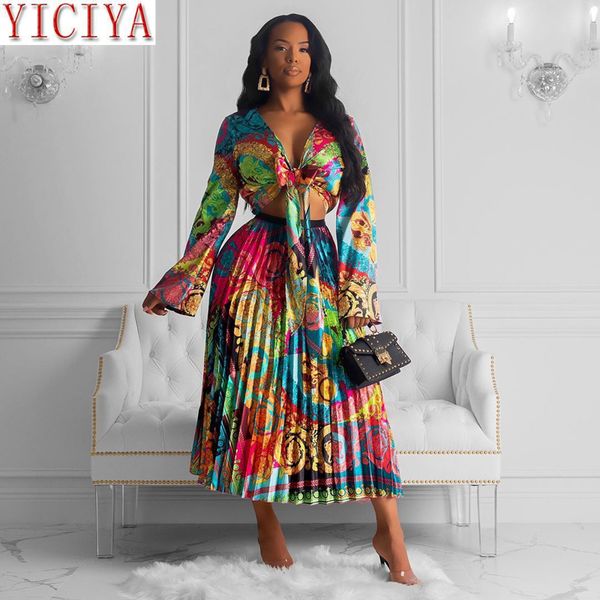 

spring 2020 women's clothing elegant two piece skirt sets long sleeve blouse and pleated skirts suit evening party clothing, White