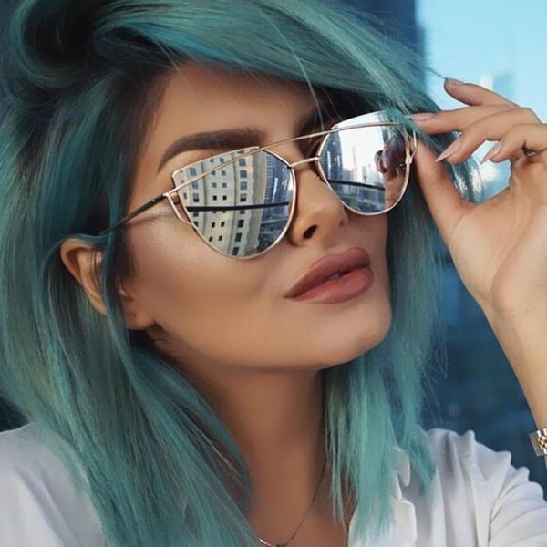 

cat eye sunglass for women mirror flat lense women cat eye sunglasses classic twin-beams rose gold frame sun glasses for women, White;black