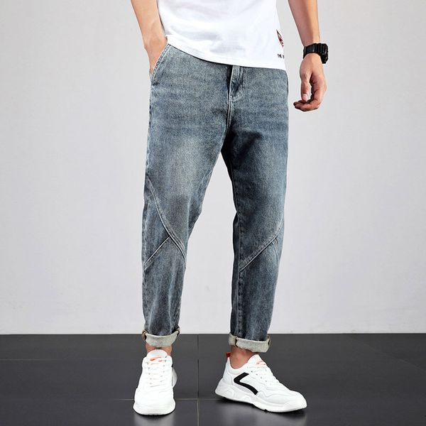 

fashion streetwear men jeans retro blue spliced designer denim harem pants size 28-42 korean hip hop jeans men taper trousers