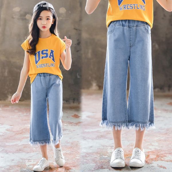 

girl cropped jeans 2020 new korean version tassel jeans wide wide leg pants leg pants children's two-piece in the big summer dress, Blue