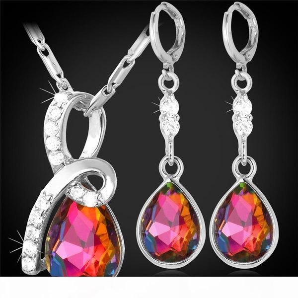 

женская цирконий комплект ювелирных изделий золота 18k платиновый покрытием изысканный красочный камень teardrop серьги ожерелье set, Silver