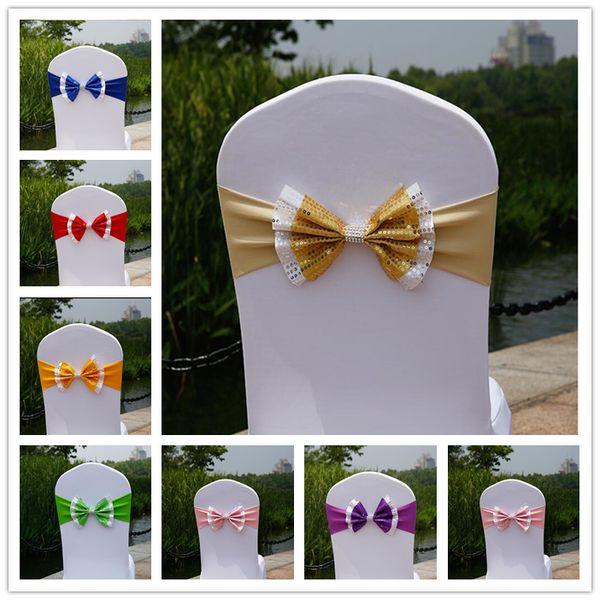 

paillette wedding chair cover sashes elastic spandex chair band bow with buckle for weddings event party accessories