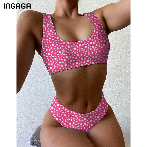 

women's swimwear ingaga high waist bikinis women bandeau swimsuits push up biquini beachwear floral print bathing suits 2021 bikini set, White;black
