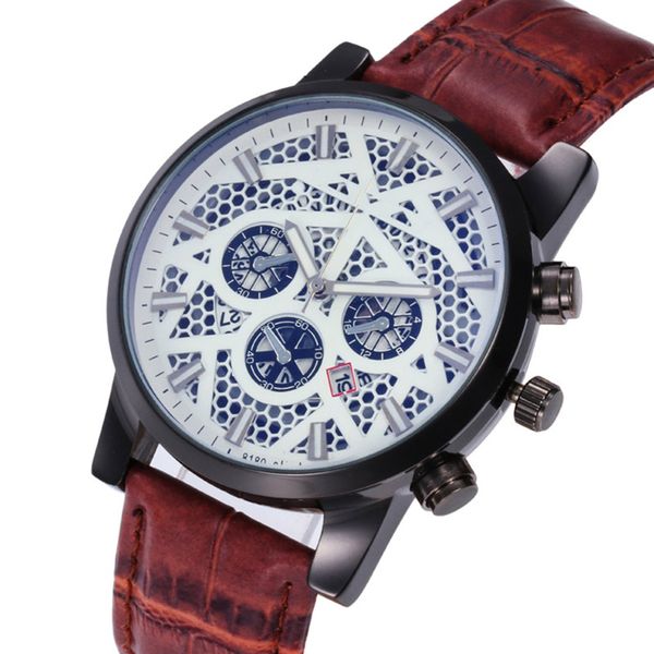 

fashion honeycomb hollow big dial 42mm luxury man black leather watch subdials work chronograph watch quartz clock drop shipping, Slivery;brown