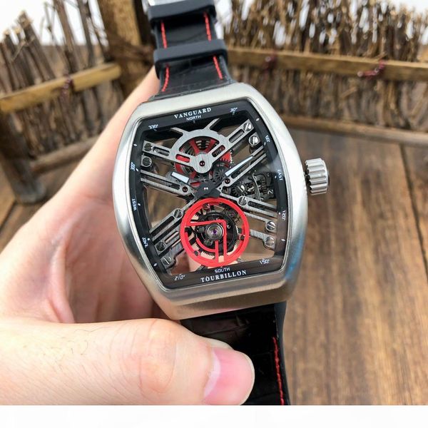 

vs factory integrated tourbillon automatic mechanical watch by 44mm curved case sapphire crystal glass rubber bottom leather watchband, Slivery;brown