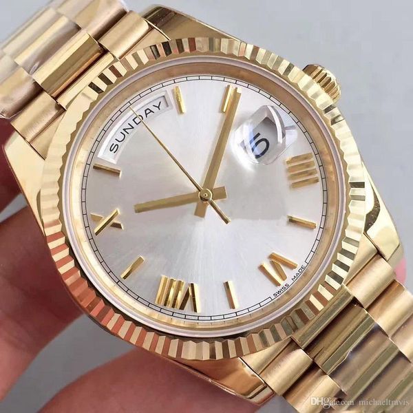 

watch date style 18k gold 40mm white roman numerals dial 2813 automatic movement president strap sapphire glass, Slivery;brown