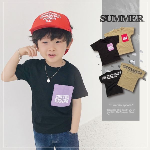 

contrast color pocket letter printing casual short-sleeved t-shirt for coat t-shirt boys and girls thin top, Blue