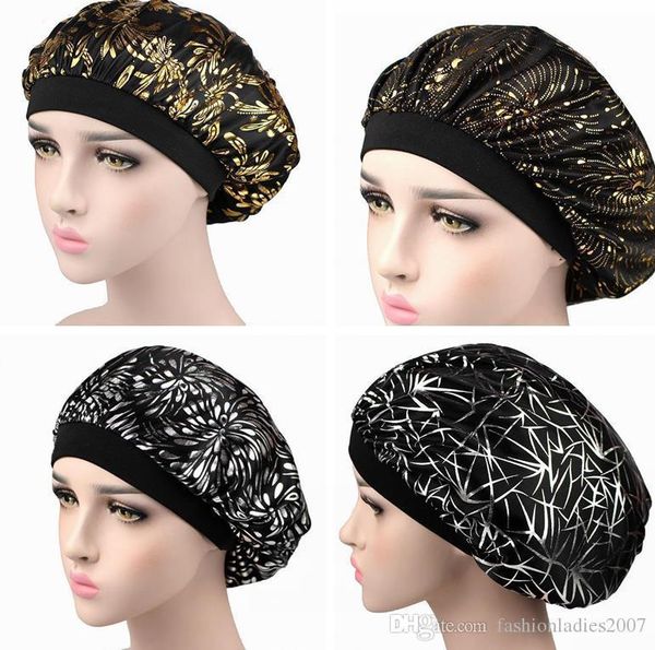 

muslim women wide band stretch silk satin bonnet floral print bandana sleeping turban hat headwrap bonnets chemo caps hair accessories, Blue;gray