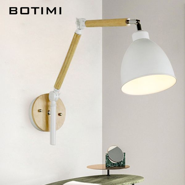 

botimi nordic led wall lamp wooden wall sconce adjustable luminaira metal lampshade bedside light white reading lighting fixture