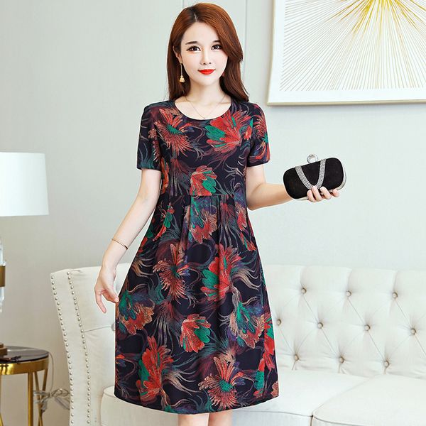 

casual dresses 2021 women summer o-neck print vintage plus size cotton vestidos female, Black;gray