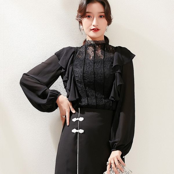 

ladies autumn new style stand collar blouse women elegant fashion lace stitched ruffles chiffon blouses office lady shirts, White