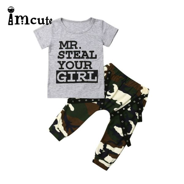 

imcute 2pcs new fashion brand quality toddler baby boy outfit set letter print short sleeve + camouflage long pants casual, White