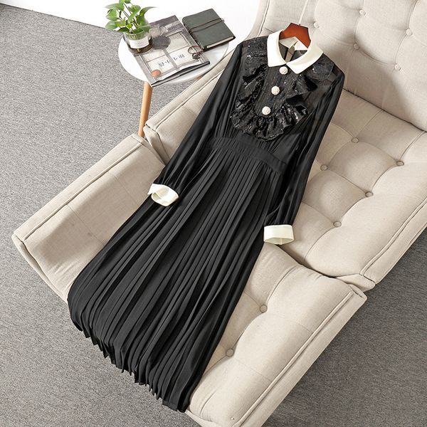 

708 2020 summer a line long sleeve dress prom fashion crew neck silk flora print flora print brand same style mihong, Black