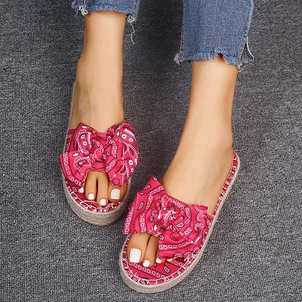 

women summer slippers plus size butterfly knot printed flats female slides beach wear casual platform shoes, Black