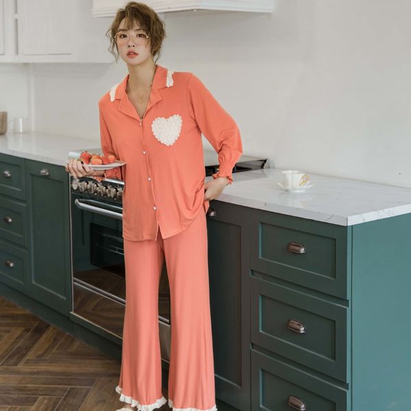 

students korean style cute autumn cotton long sleeve cute cotton loose home clothes two-piece suit green pajamas pajamas, Blue;red