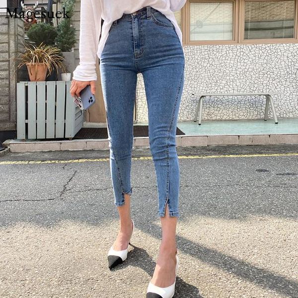 

women's jeans 2021 hoge taille stretch skinny vrouwen broek split manchet vrouwelijke potlood streetwear denim 10404, Blue