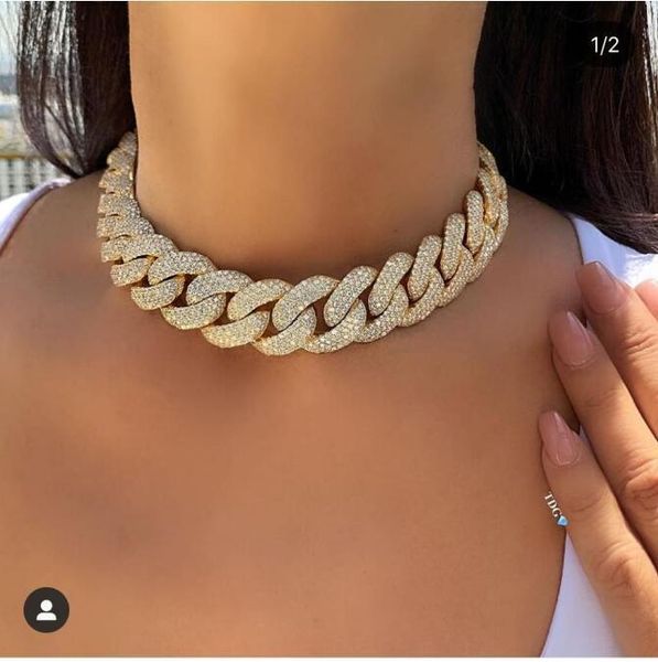 

accking full cz statement cuban link chain choker necklace adjust for man or women bijoux wholesale ing, Golden;silver