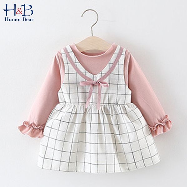 

humor bear autumn baby girls clothes sets long sleeves t-shirt+plaid strap skirt fake 2pcs dress fashion toddler clothing suit, White