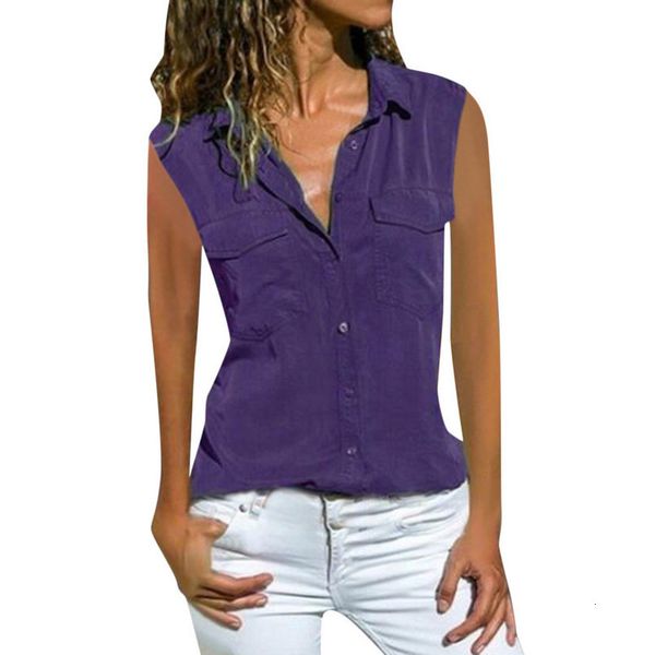 

women casual solid sleeveless turn down collar button front shirt womens and blouses lady tee shirt femme, White