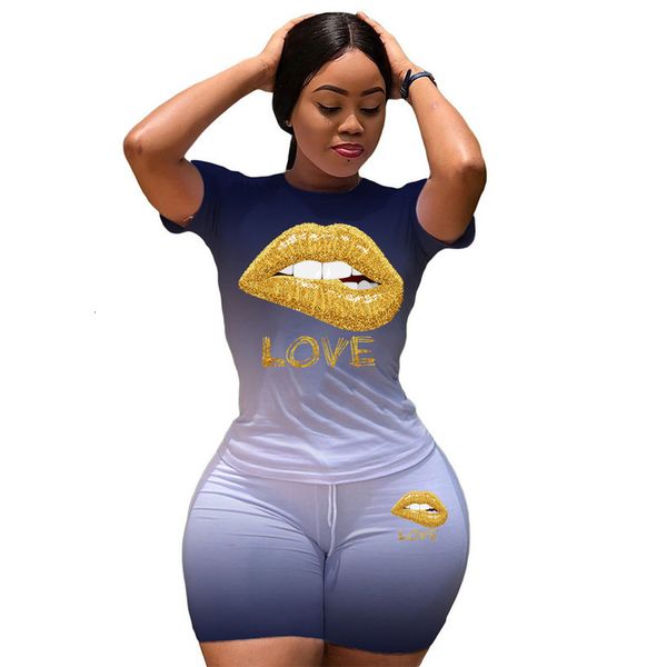 

2020 women 2 piece set summer clothes gradient mouth lip letter print t shirt and biker short casual plus size two piece outfit, Gray