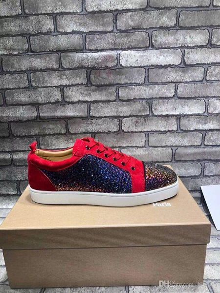 

red purple rhinestone junior strass red bottom men's shoes junior spiked men flat red sole shoes low-sneaker lace-up casual trainers, Black