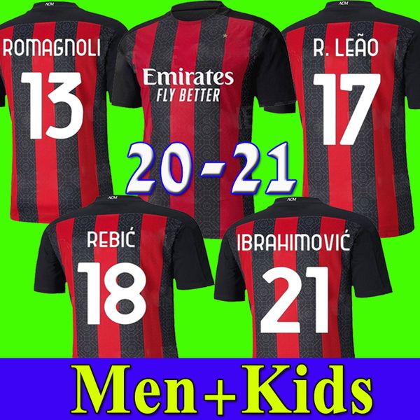 

20 21 ac milan soccer jersey 2020 2021 football shirt kids ibrahimovic paqueta bennacer rebic camiseta de futbol romagnoli calhanoglu jersey, Black;yellow