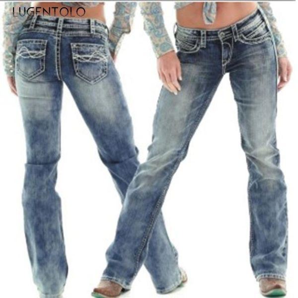 

lugentolo plus size jeans woman slim fashion autumn new washed vintage skinny cotton pencil pants womens jeans, Blue